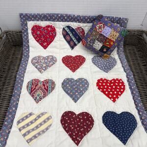 Handmade Doll Patchwork Quilt Set Quilt & Pillow Hearts 19” x 14 1/2”